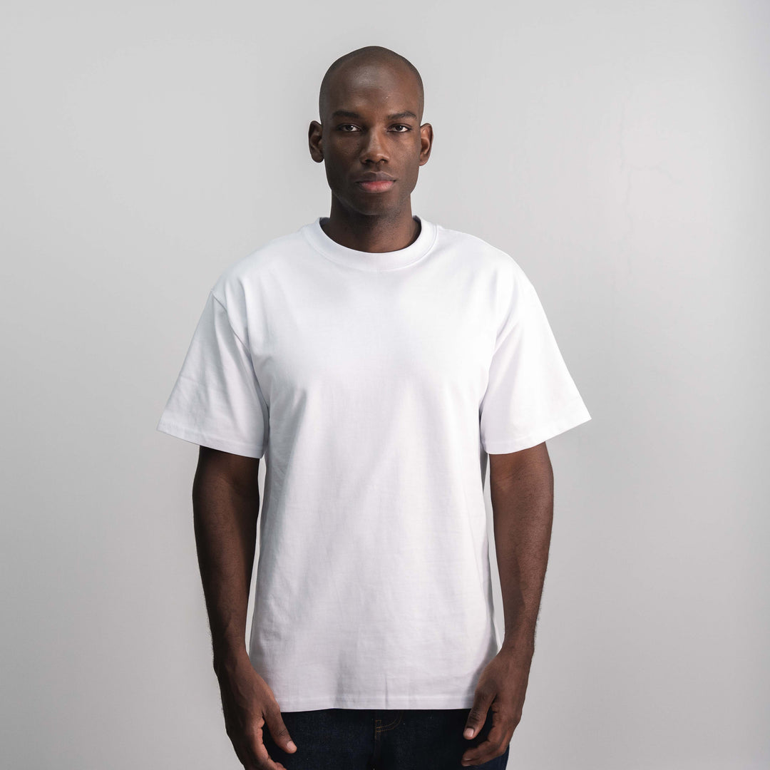 Relaxed fit white blank t-shirt suited for event staff and festival crew apparel