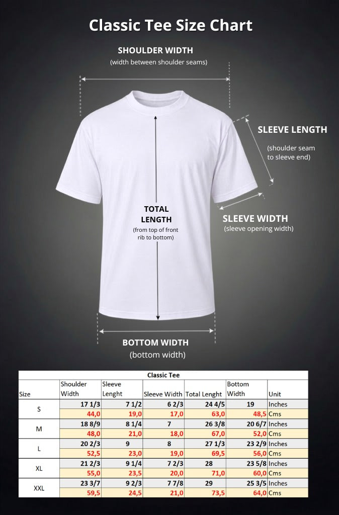Size chart for Classic Tee