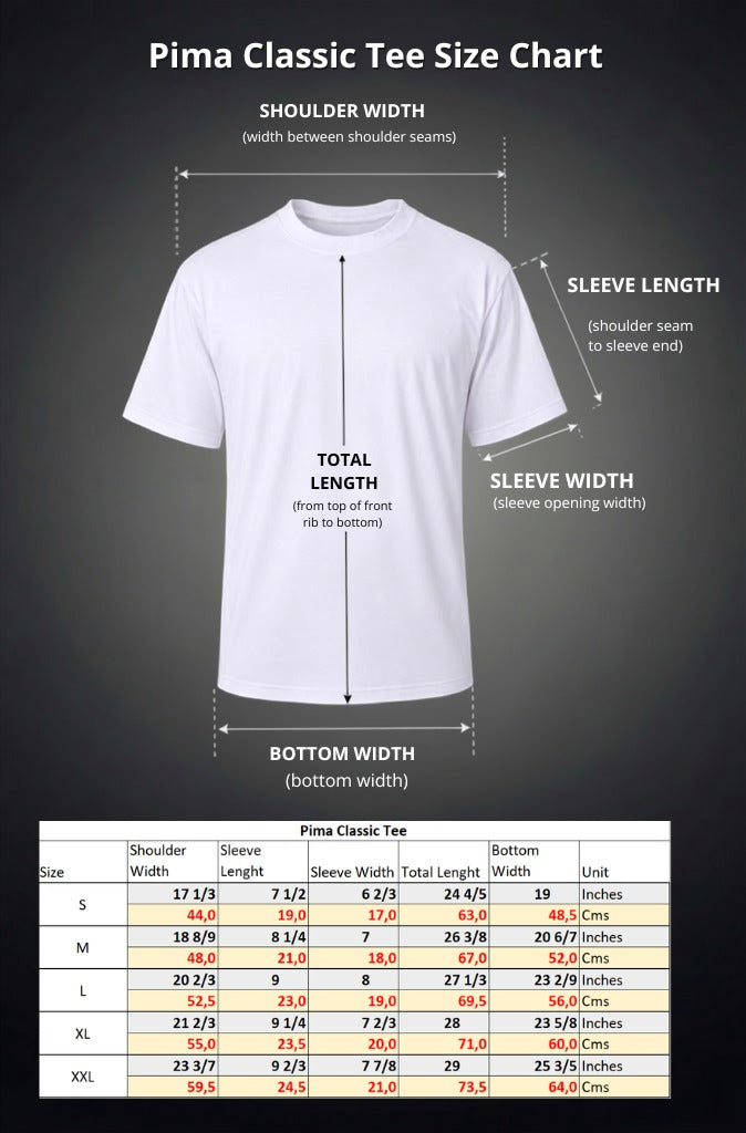 Size chart for Pima Classic Tee